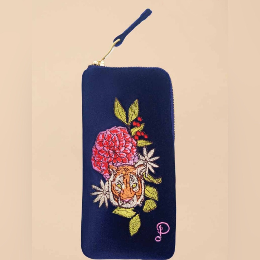 Powder UK Floral Tiger Face embroidered velvet glasses case w/zip closure-NWT